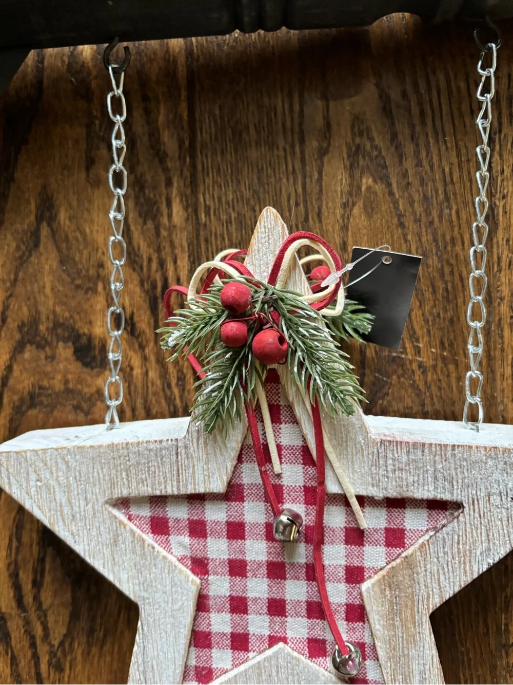 Rustic White Star Hanging Wall Decor with Red Gingham Accent